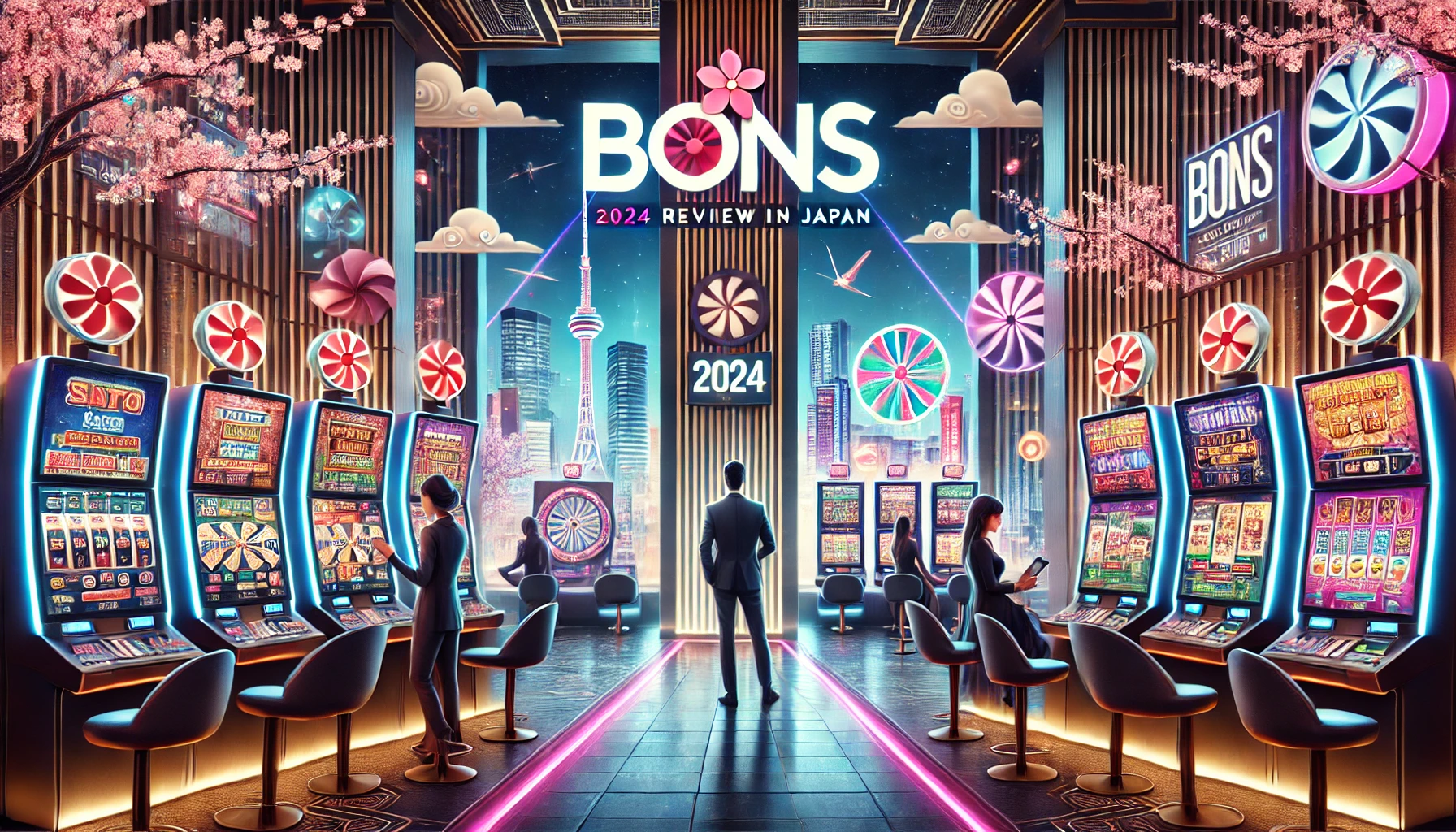 Bons Online Casino In Japan. The Image Features A Stylish Casino Floor With Slot Machines, Digi