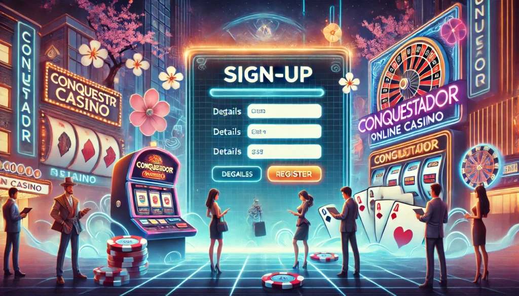 Conquestador Online Casino In Japan. The Scene Features A Sleek Digital Sign Up Form On A Screen, With Pla