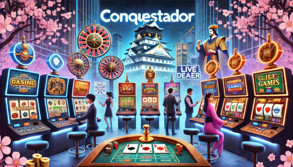 Conquestador Online Casino In Japan. The Scene Features A Variety Of Digital Slot Machines, Roulette