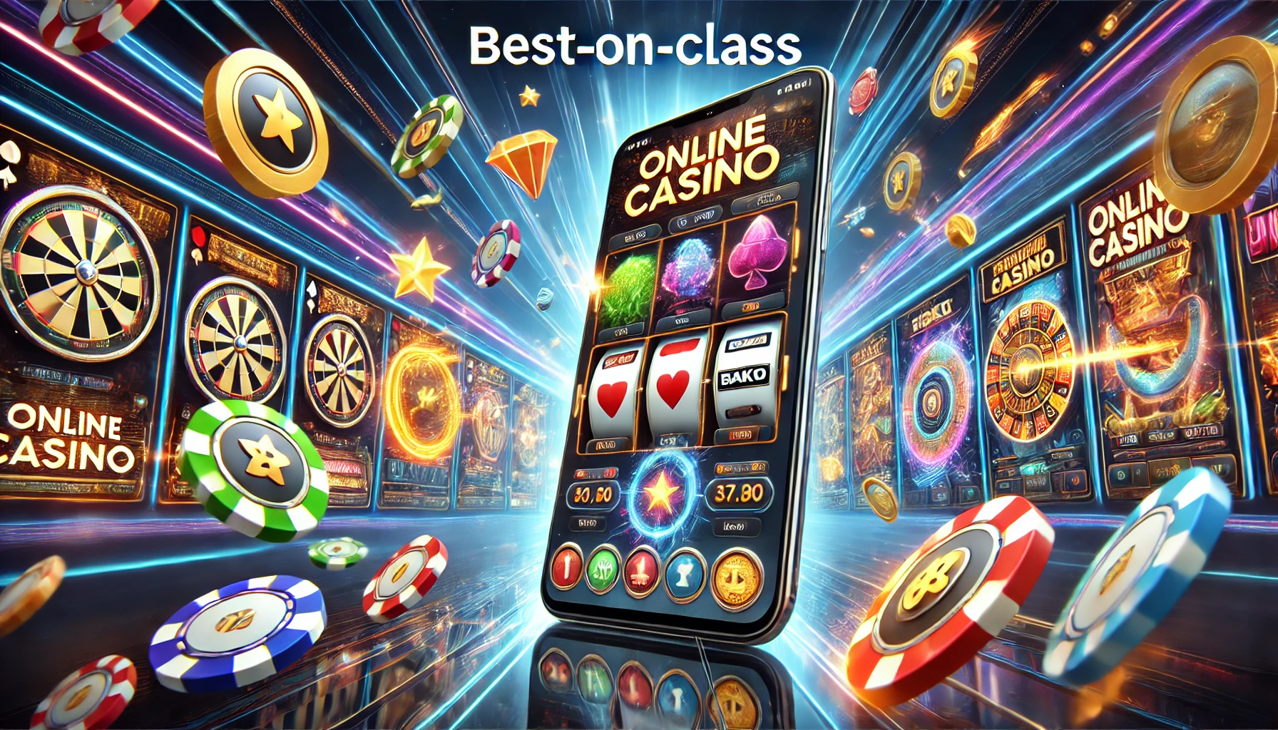 In The Foreground, A Sleek Smartphone Screen Displays Vibrant Casino Games, Such As Slot