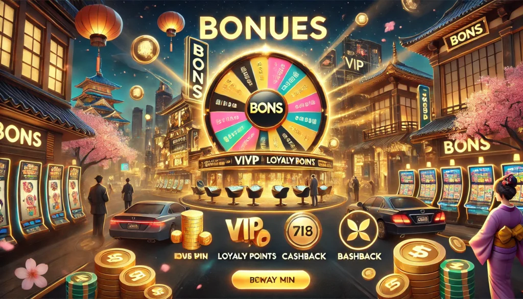 Bonuses And Loyalty Program Of Bons Casino In Japan. The Scene Features A Bonus Wheel, Golden Coins, And Fre