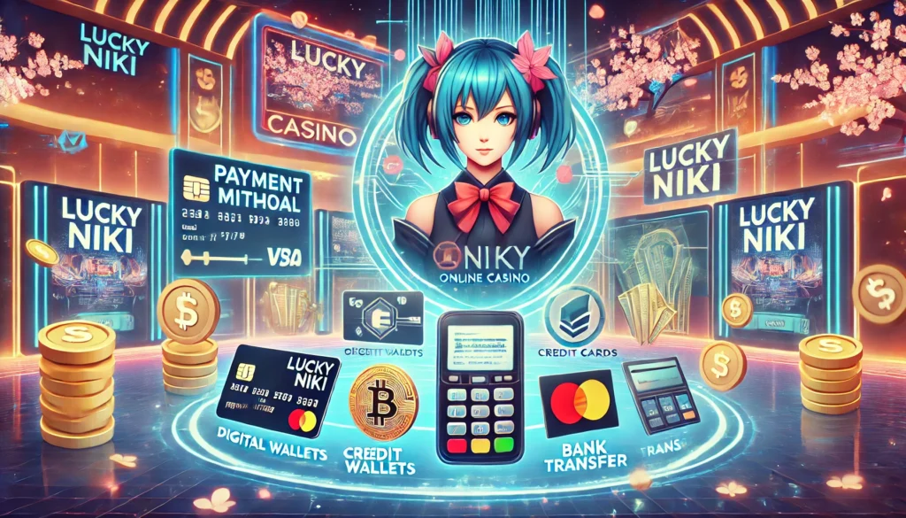 Methods Of Lucky Niki Online Casino In Japan. The Image Features Digital Wallets, Credit Cards,