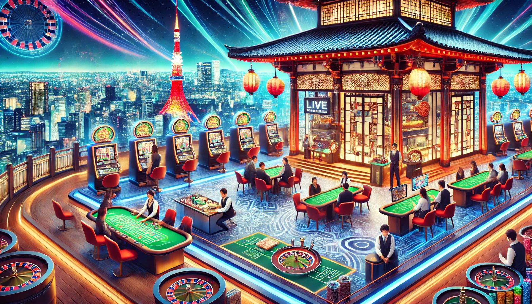 Stylish Casino Floor With Live Tables, Slot Machines, And Digita